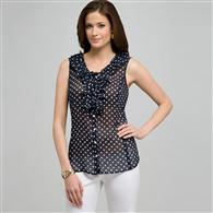 Polka Dot Ruffle Sleeveless Blouse, swiss navy & white, medium