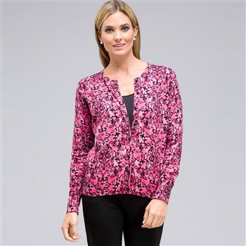 Button Front Crew Neck Cardigan, Begonia Multi, large