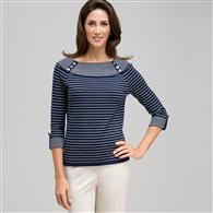 3/4 Sleeve Boat Neck Striped Knit, Navy Multi, medium
