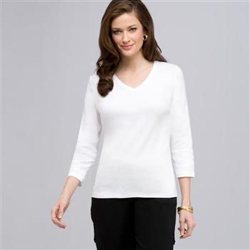 Maglia con scollo a V e manica a 3/4, Bianco, large