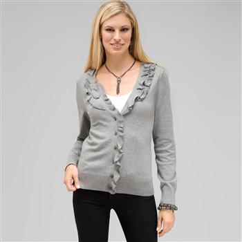 Cardigan con scollo a V e rouche sul davanti., Erica argento, large