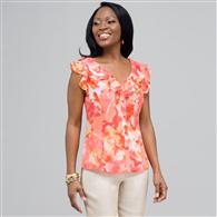 Ruffle Neckline Button Down Blouse, New Coral Multi, medium
