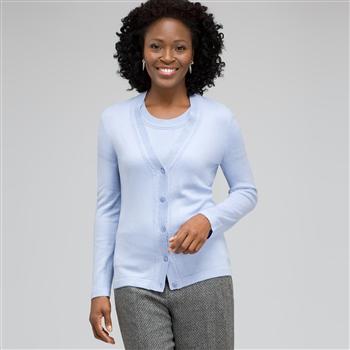 Cardigan con scollo a V e bordatura a contrasto, Azzurro cielo, large