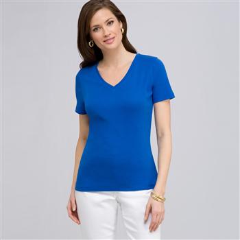 T-shirt col V &agrave; manches courtes, Bleu, large