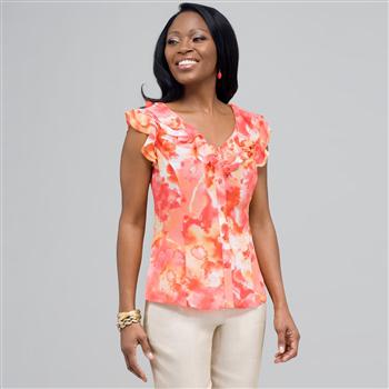 Ruffle Neckline Button Down Blouse, , large