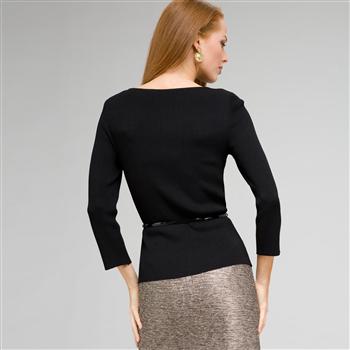 Belted Ribbed Boat Neck Sweater, , large