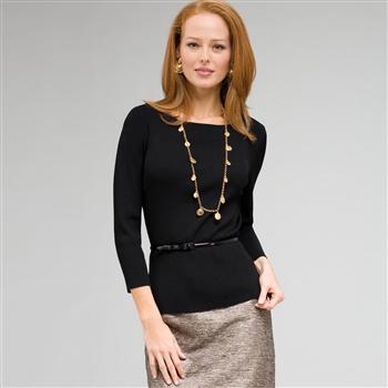 Belted Ribbed Boat Neck Sweater, , large