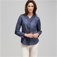 Camicia a righe con bordo a pieghe sottili, Blu scuro e bianco, medium
