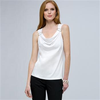 Top con scollo drappeggiato e fibbie, Bianco, large