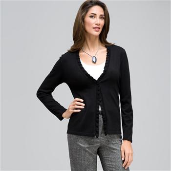 Cardigan a manica lunga con rouche sul davanti, Nero, large
