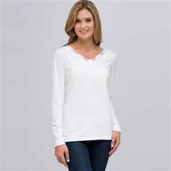 Long Sleeve V-Neck Top, White, large